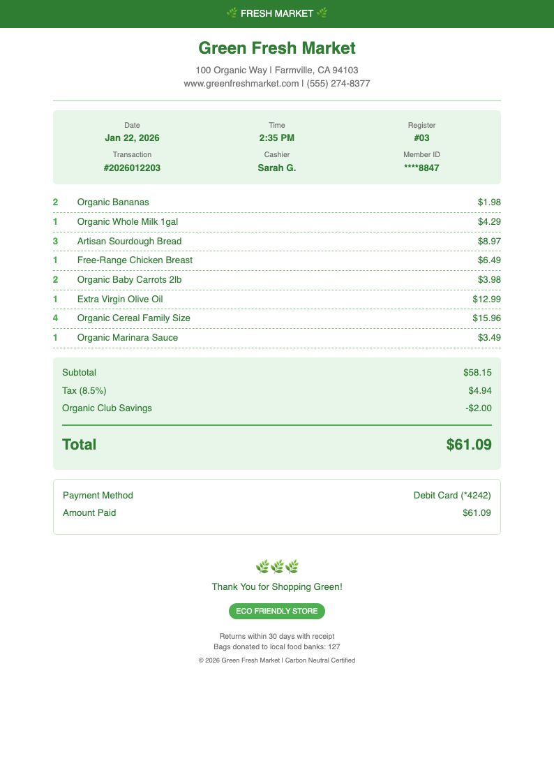Green fresh market receipt
